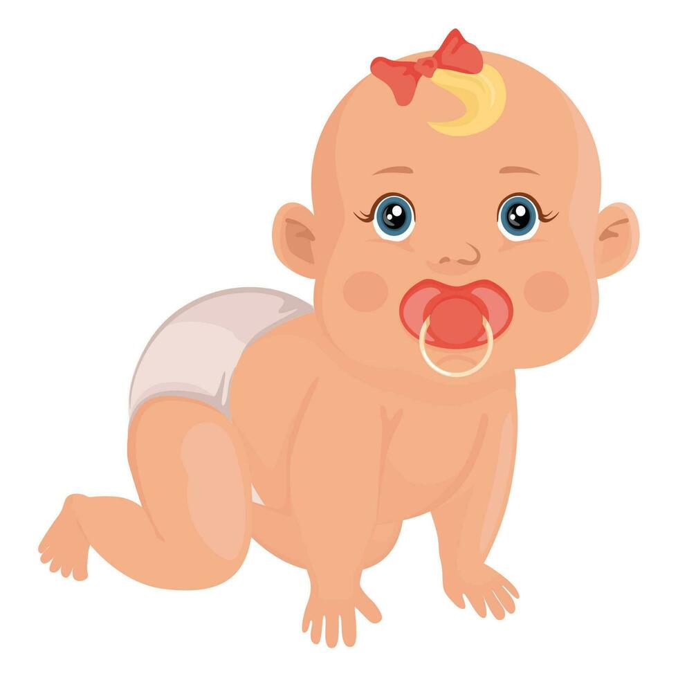 Cute baby girl crawling, 6 months old, baby illustration. Vector ...