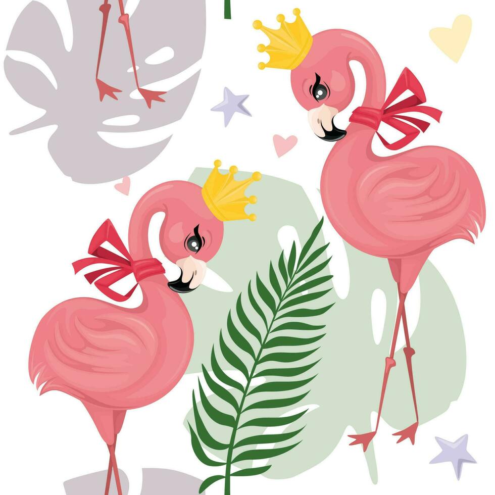 A cute cartoon seamless patternfeaturing a pink flamingo wearing a crown. Princess bird. vector