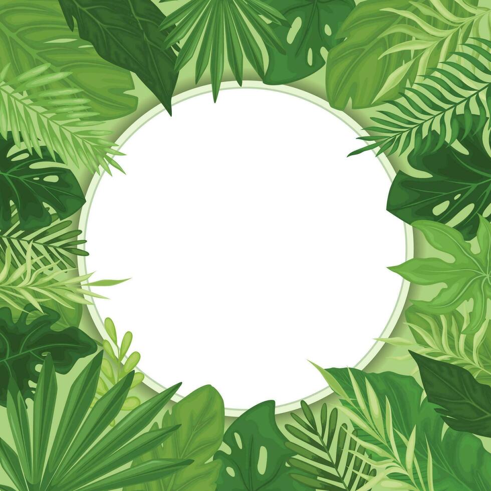 Tropical leaves in a round frame. vector