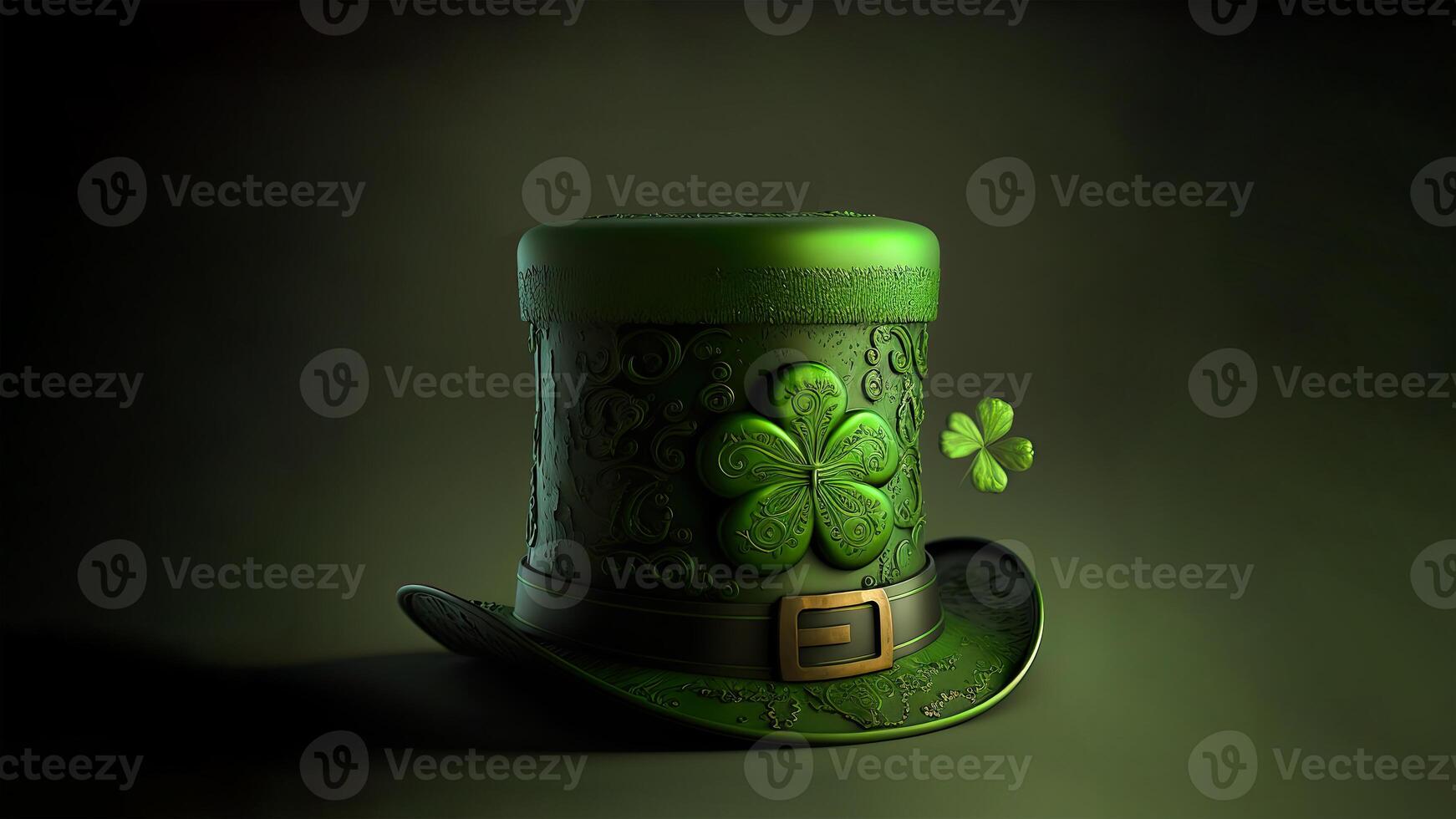 3D Render of Clover Leaves Printed Leprechaun Hat On Green Background. St. Patrick's Day Concept. photo