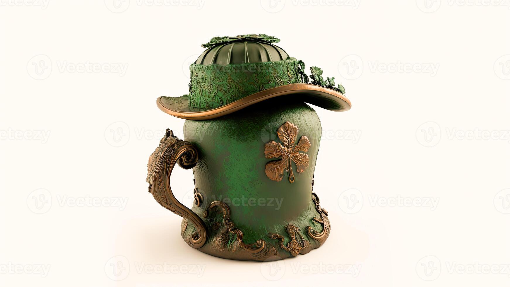 3D Render of Green And Golden Fedora Hat Covered Ancient Ethnic Pot On White Background. St. Patrick's Day Concept. photo