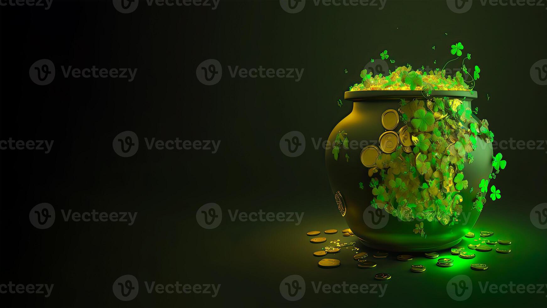 3D Render of Golden Coins Pot Decorated By Clover Leaves On Green Background And Copy Space. St. Patrick's Day Concept. photo