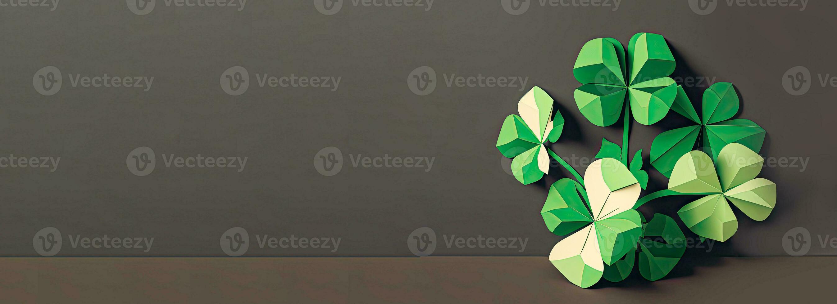 Green Origami Paper Clover Leaves On Dark Gray Background And Copy Space. 3D Render, St. Patrick's Day Concept. photo