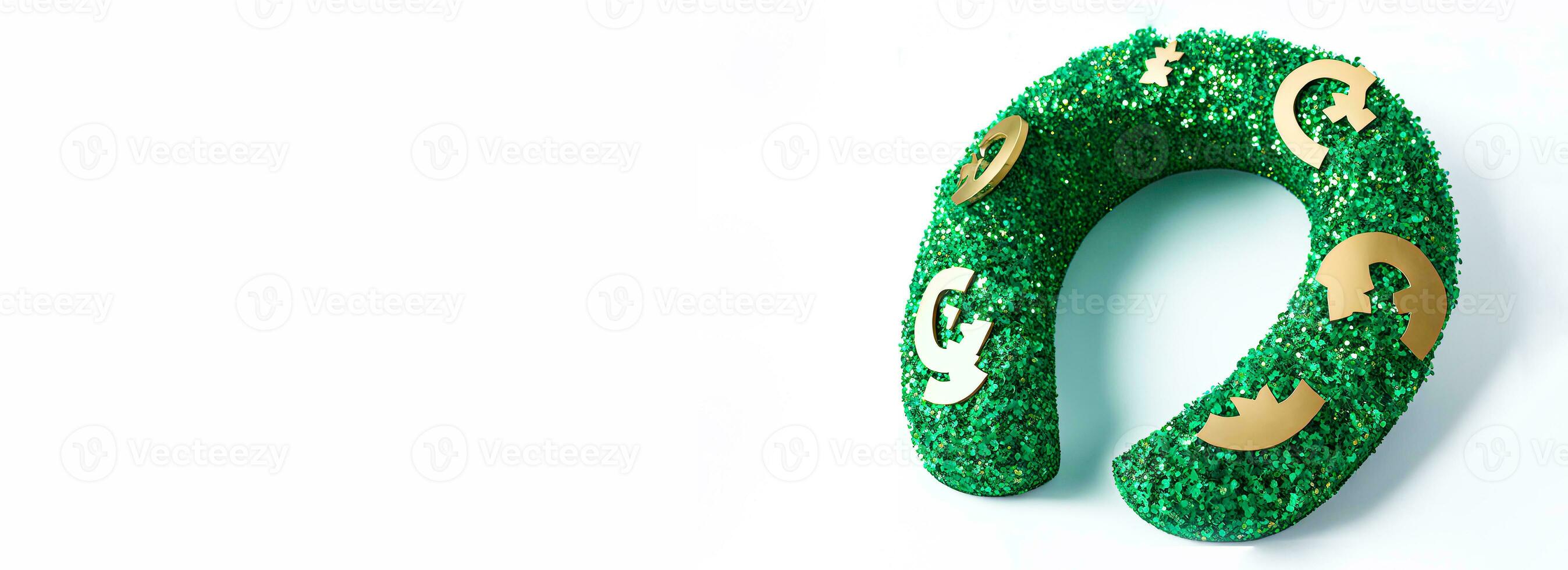 3D Render of Golden And Green Glittery Horseshoe Made By Leaves. St. Patrick's Day Concept. photo