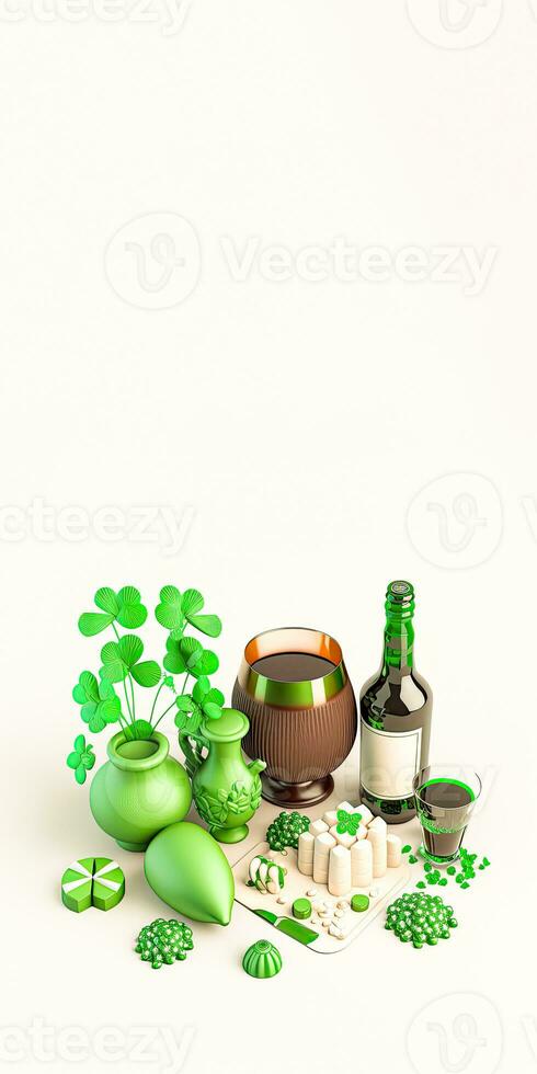 3D Composition of Alcohol Bottle With Drink Glass, Plant Pots, Food Plate And Decorative Elements On White Background. St. Patrick's Day Concept. photo