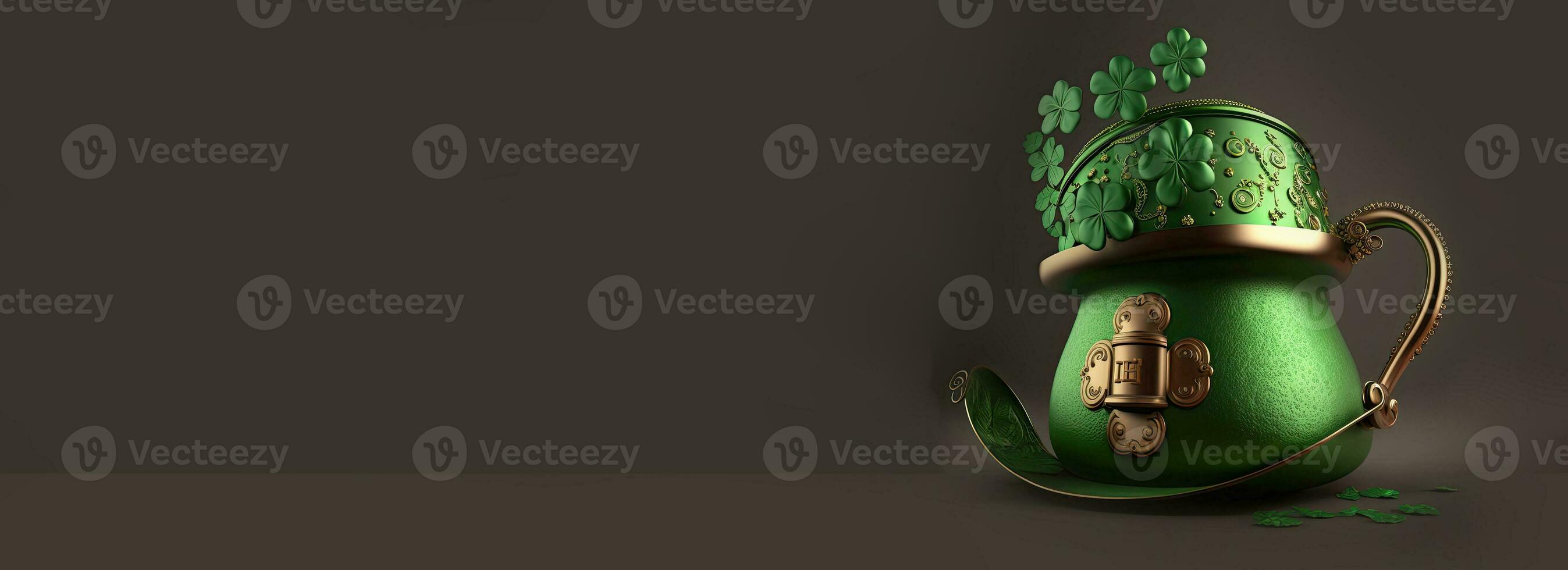 3D Render of Green And Bronze Ancient Ethnic Pot On Dark Background. St. Patrick's Day Concept. photo