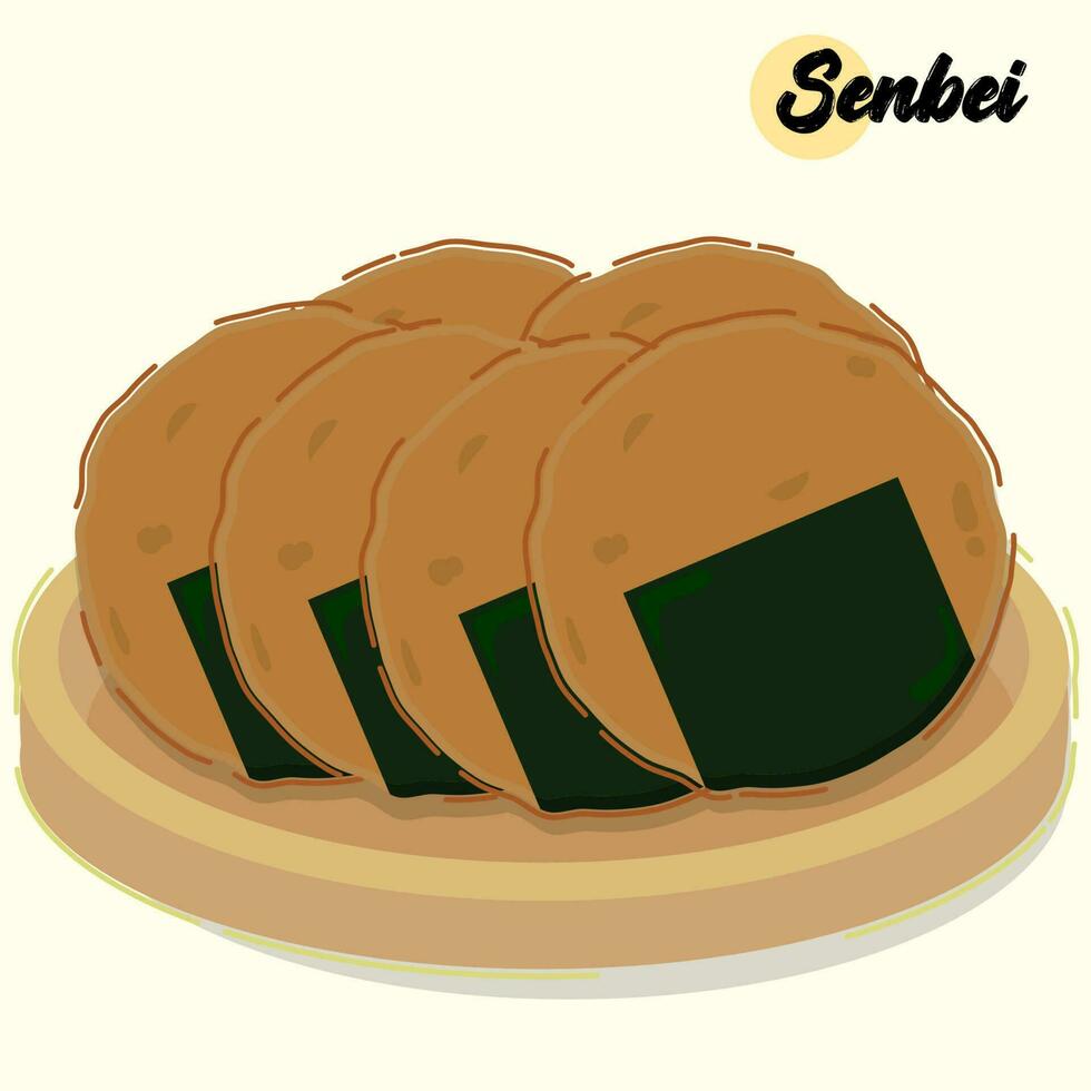 Seinbei or Japanese rice cracker with seaweed isolated illustration. Japanese traditional food vector