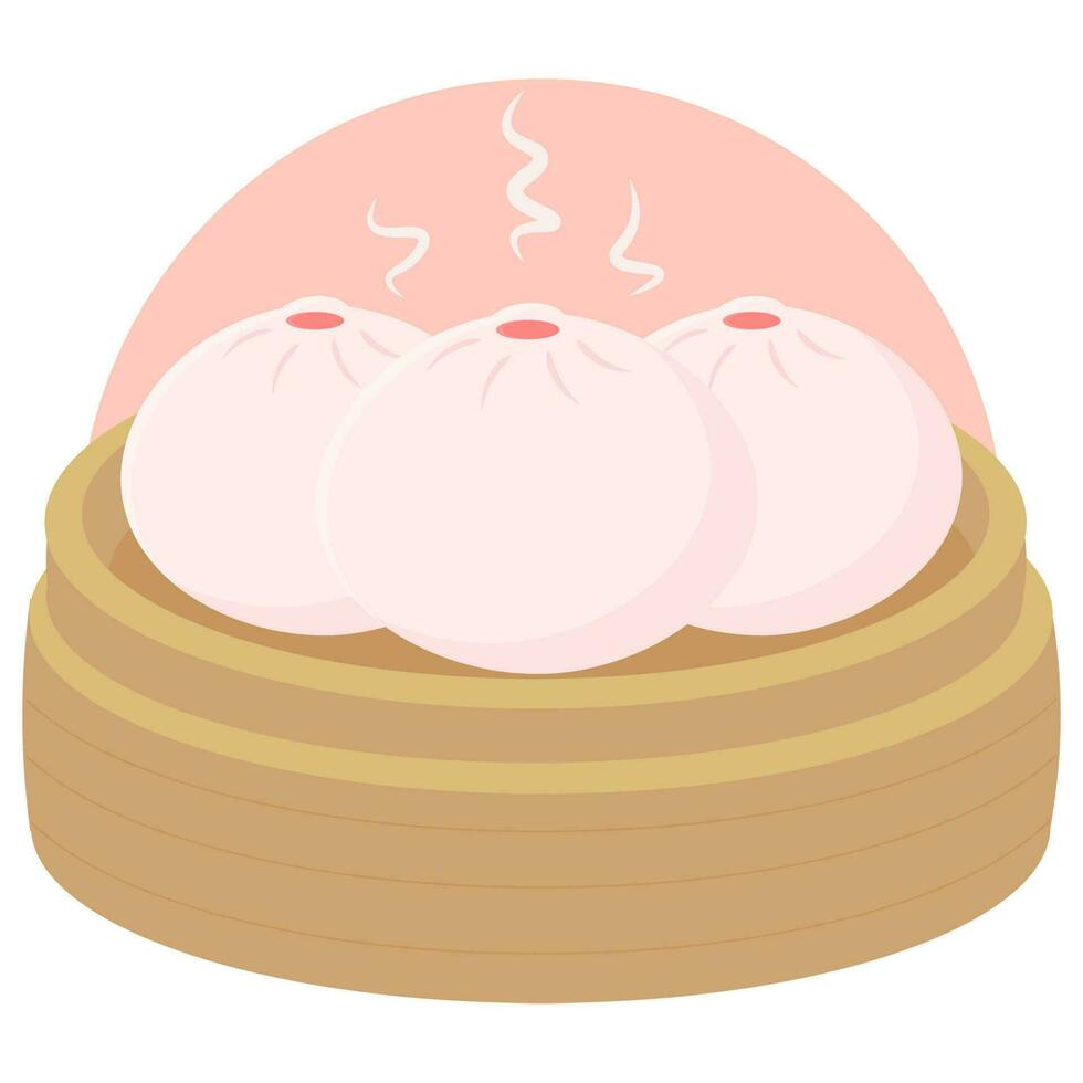 Steam bun or baozi on a bamboo steamer flat design illustration. Traditional Chinese food vector