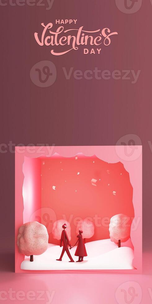 3d hacer de invierno miniatura diorama cuadrado marco con dibujos animados chico y niña participación mano en Nevado naturaleza paisaje para contento San Valentín día concepto. póster o bandera, aterrizaje página diseño. foto