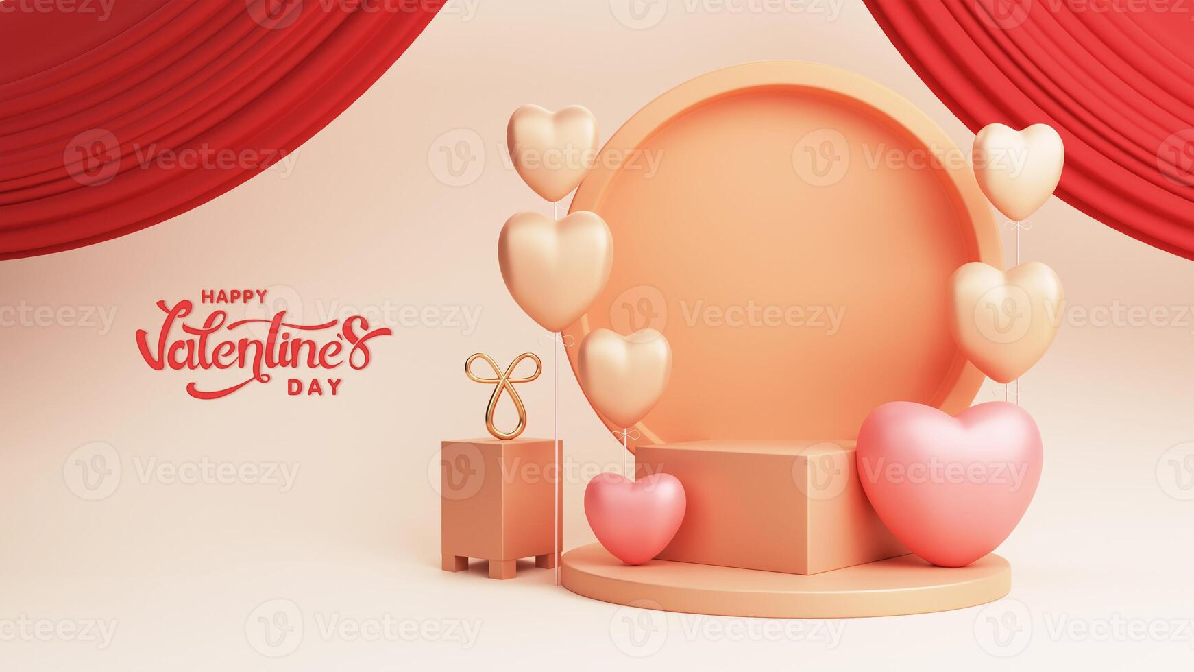 3D Render of Circle Frame Or Stand Decorated With Heart Shape Balloons Against Red Curtains. Love Or Valentine's Day Concept. photo