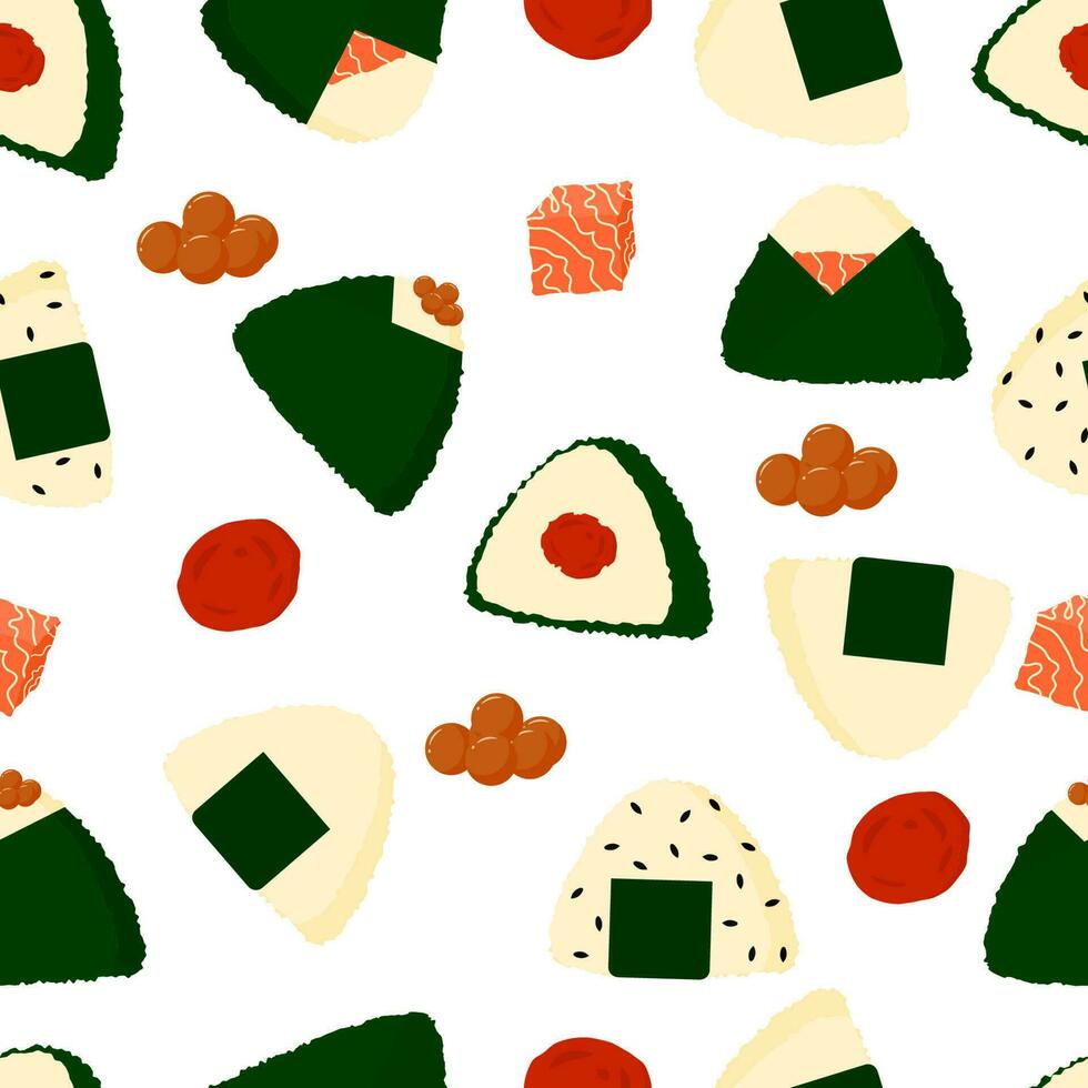 Seamless pattern of various onigiri with tuna, dried plum or umeboshi, and egg fish for restaurant wallpaper vector