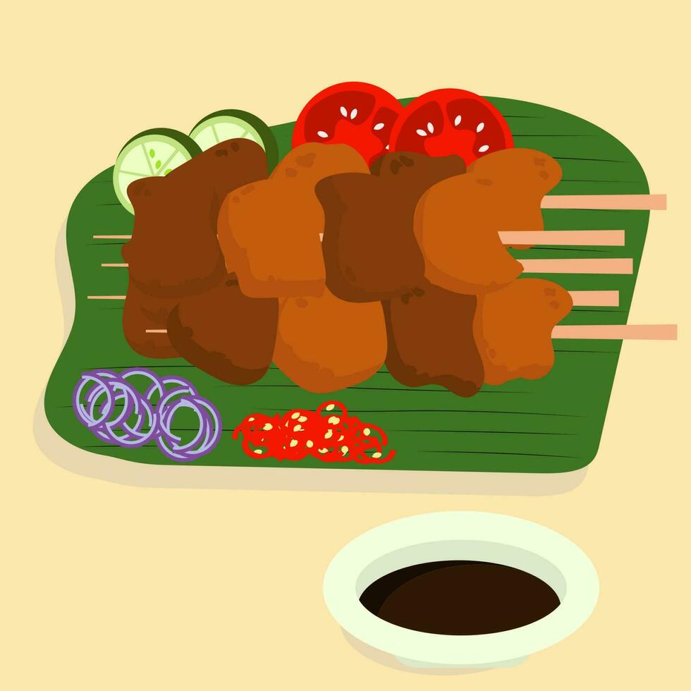 Traditional Indonesian food chicken or goat satay with other condiments, tomatoes, limes, chili, onion, and soy sauce vector