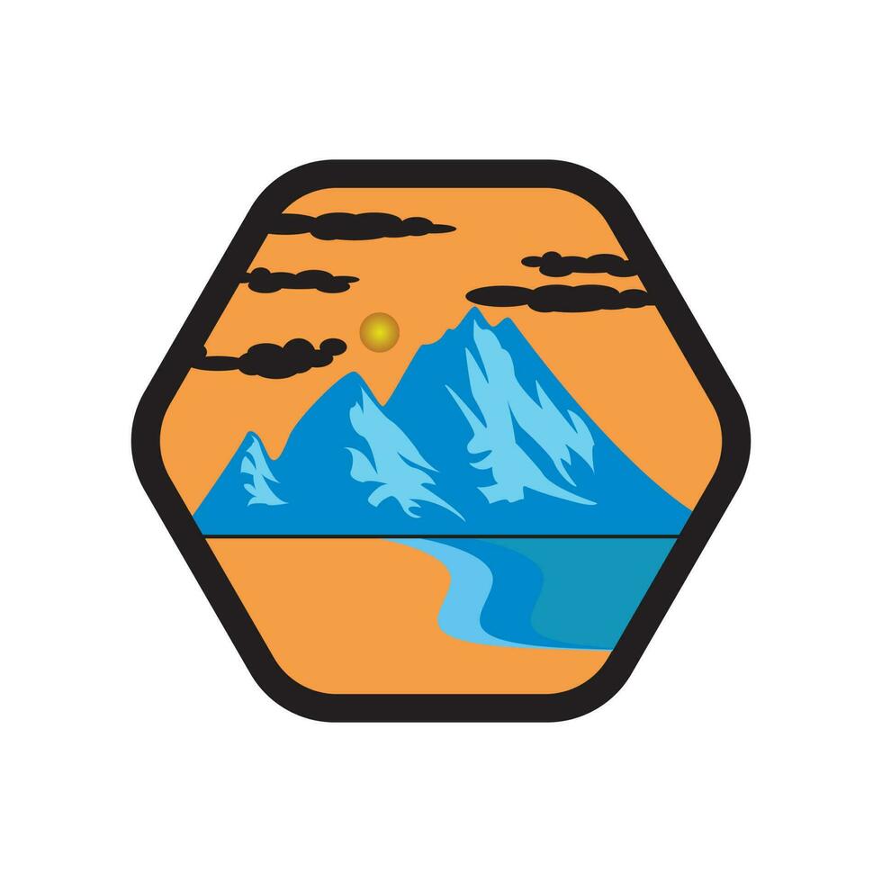 cloudy mountain painting and there is a river flowing inside the hexagon, mountain vector illustration