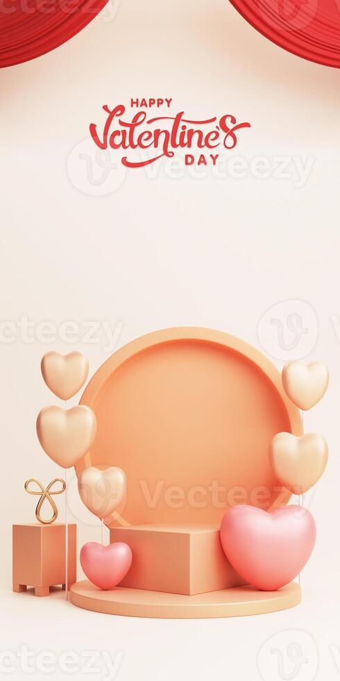 3D Render of Circle Frame Or Stand Decorated With Heart Shape Balloons Against Red Curtains. Love Or Valentine's Day Concept. photo