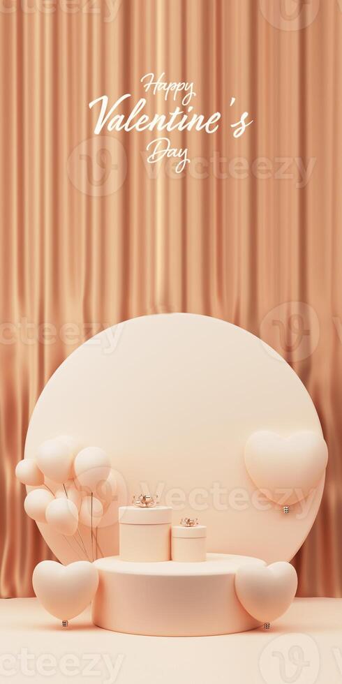 Happy Valentine's Day Calligraphy Text With 3D Render, Circle Podium Decorated Heart Shape Balloons And Gift Box Against Golden Curtains. photo