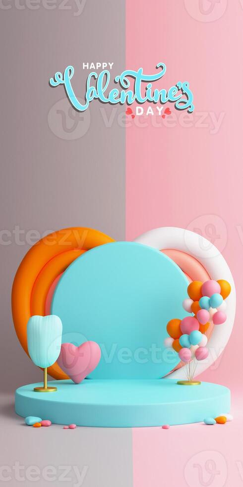 Happy Valentine's Day Concept With 3D Render Colorful Heart Shape Podium Decorated Balloons On Grey And Pink Background. photo