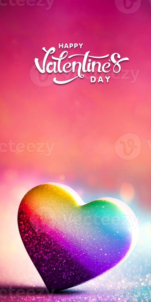 Happy Valentine's Day Text With 3D Render Of Shiny Colorful Glittery Heart Shape On Rainbow Bokeh Background. photo