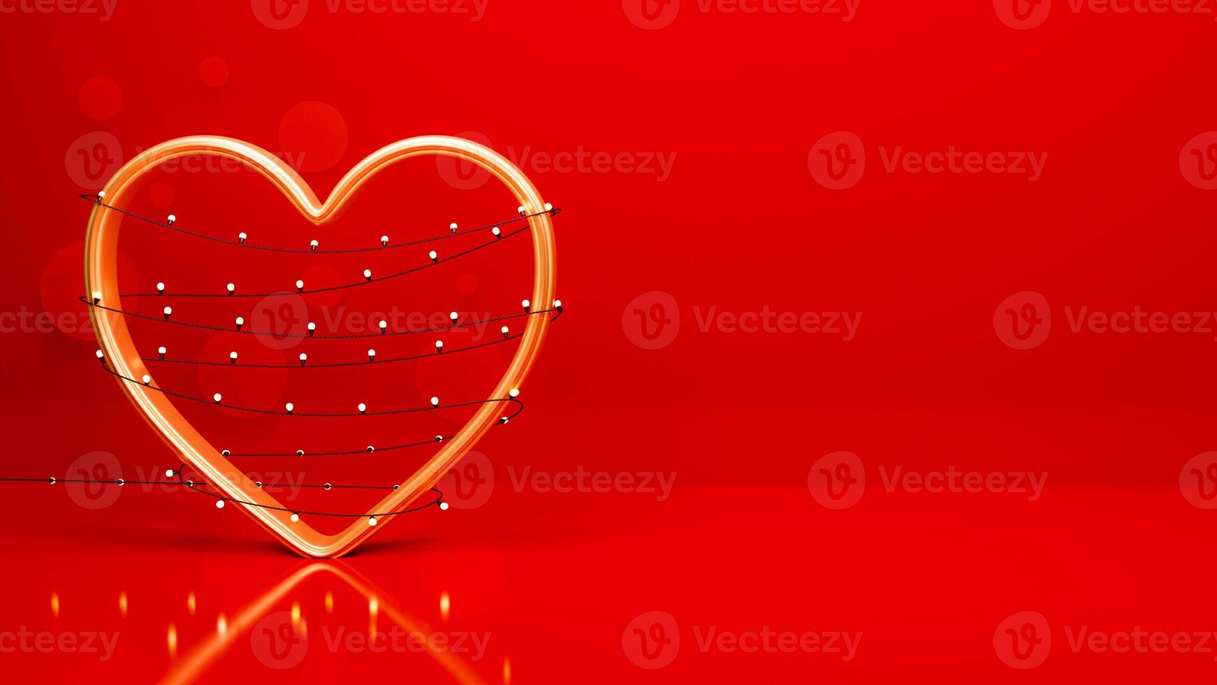 3D Render of Golden Heart Shape Frame Surrounded By Lighting Garland Against Red Background And Copy Space. Love Concept. photo