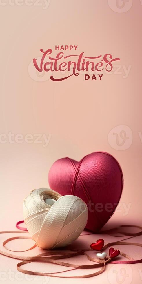 Happy Valentine's Day Text With 3D Render Of Embroidery Ribbon Or Thread Heart Shapes In Two Color. photo