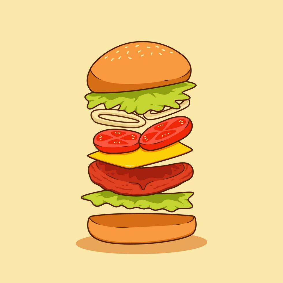 volador ingrediente de hamburguesa rápido comida ilustración con carne de vaca carne, queso hoja, cebolla rebanada, tomate, lechuga y bollo un pan emparedado vector