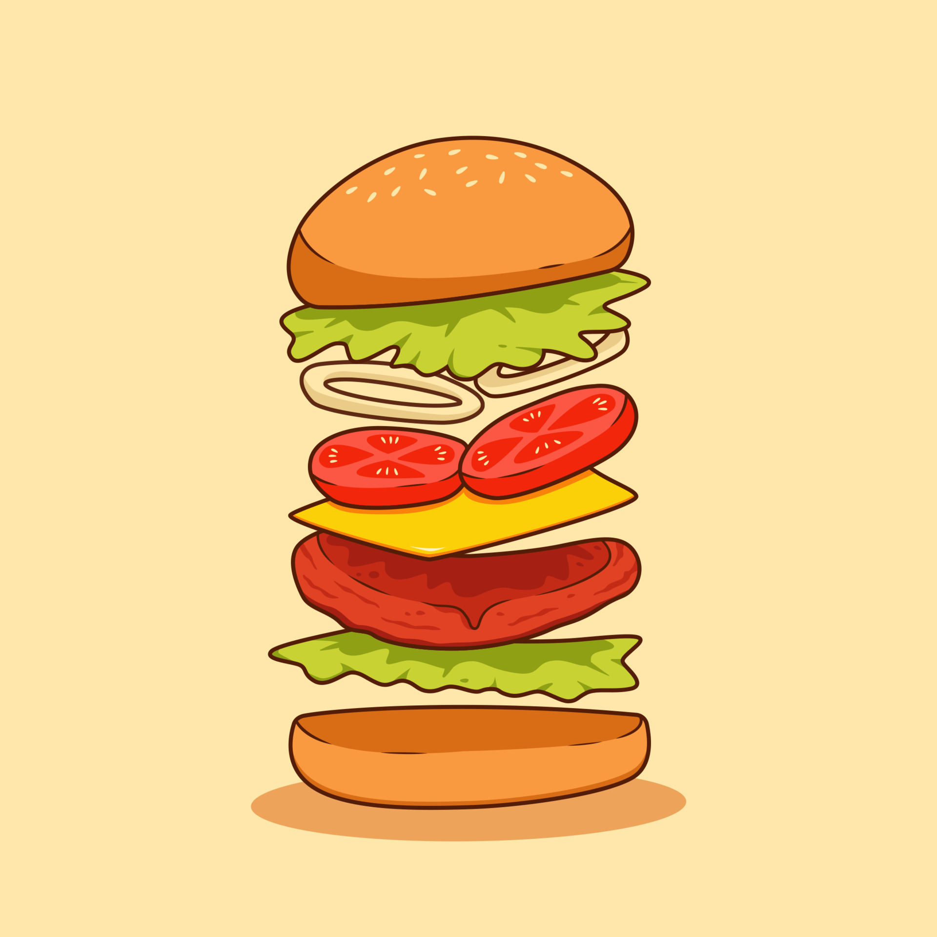 flying ingredient of burger fast food illustration with beef meat, cheese  sheet, onion slice, tomato, lettuce and bun bread sandwich 24122490 Vector  Art at Vecteezy