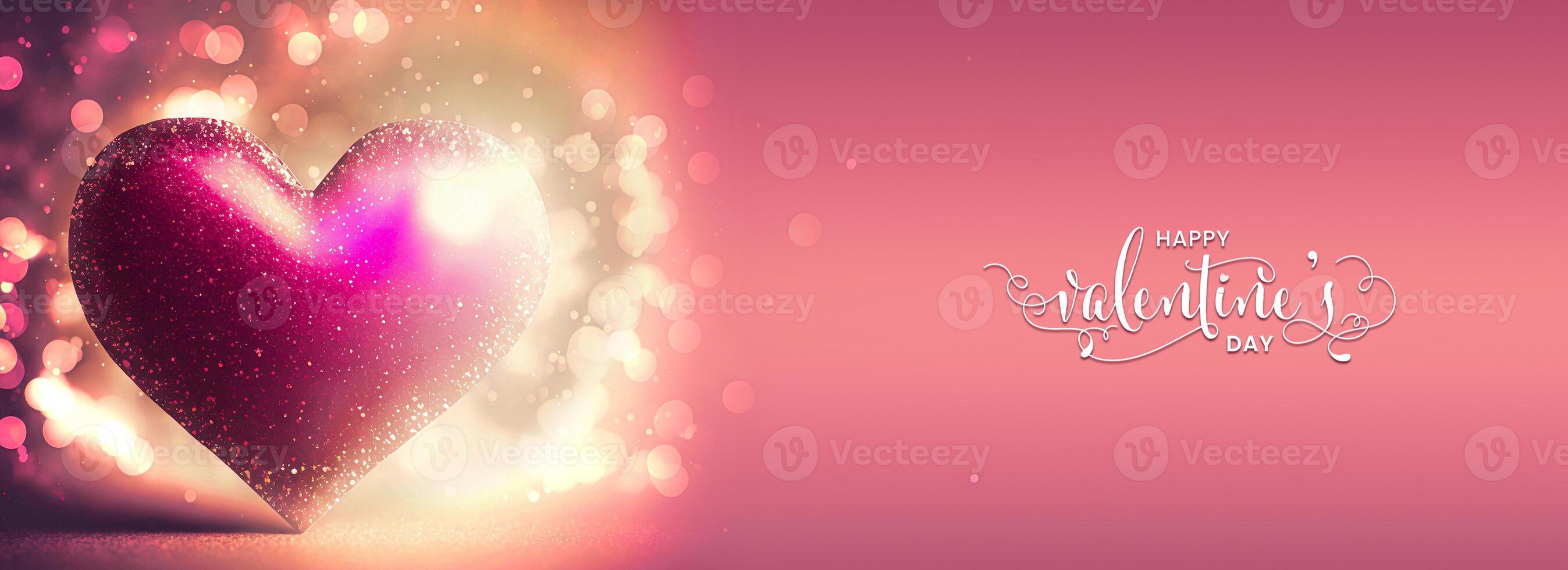 Happy Valentine's Day Text With 3D Render Of Shiny Pink Glittery Heart Shape On Bokeh Background. photo