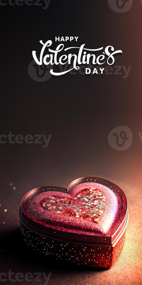 Happy Valentine's Day Text With 3D Render Of Shiny Red Glittery Heart Shape Metal Box On Sparkle Lights Background. photo