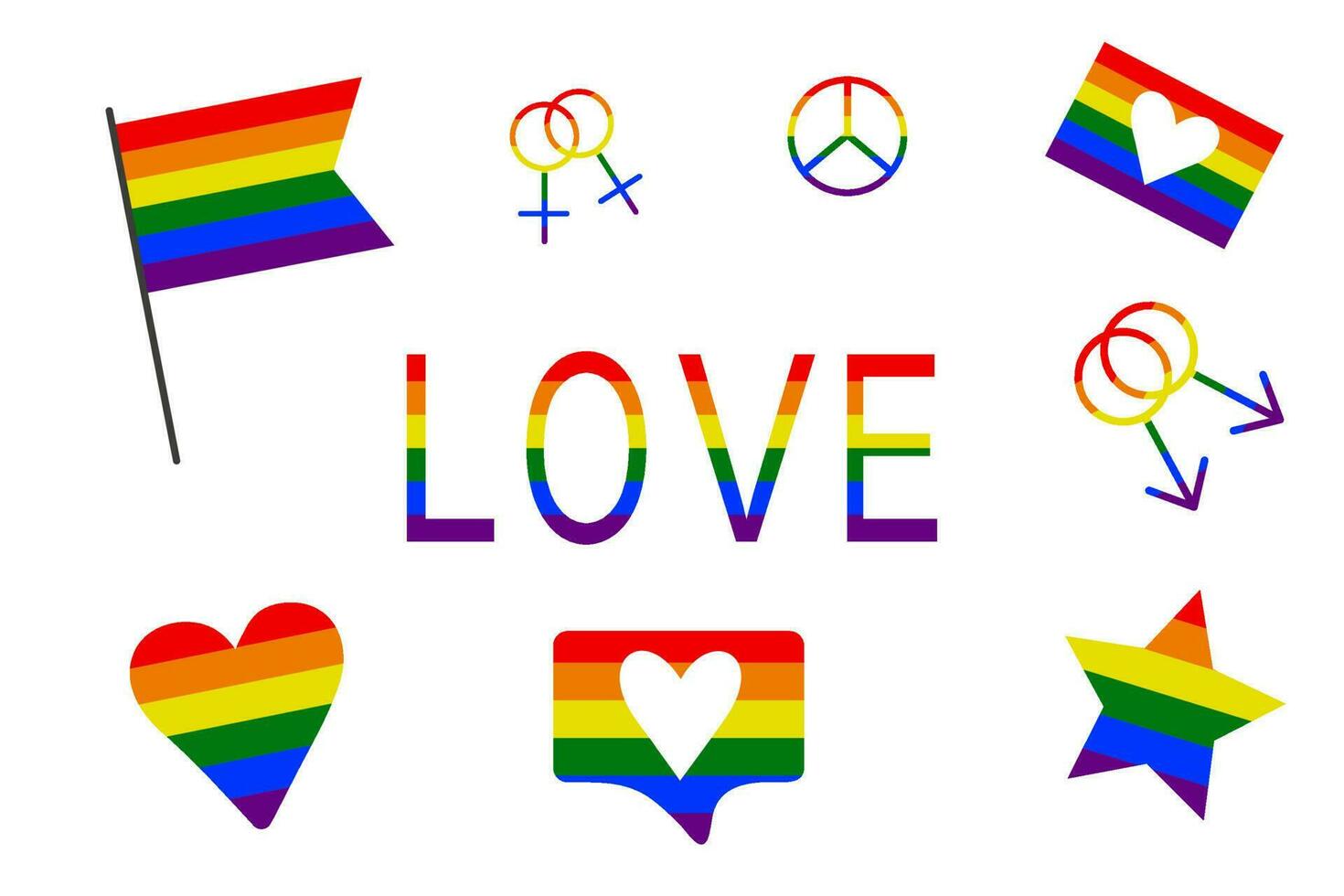 A set of Pride icons, a set of LGBTQ related symbols in rainbow colors Pride flag, heart, peace, star, rainbow, love, support, symbols of freedom. Gay Pride Month. Flat sign design, isolated on white vector