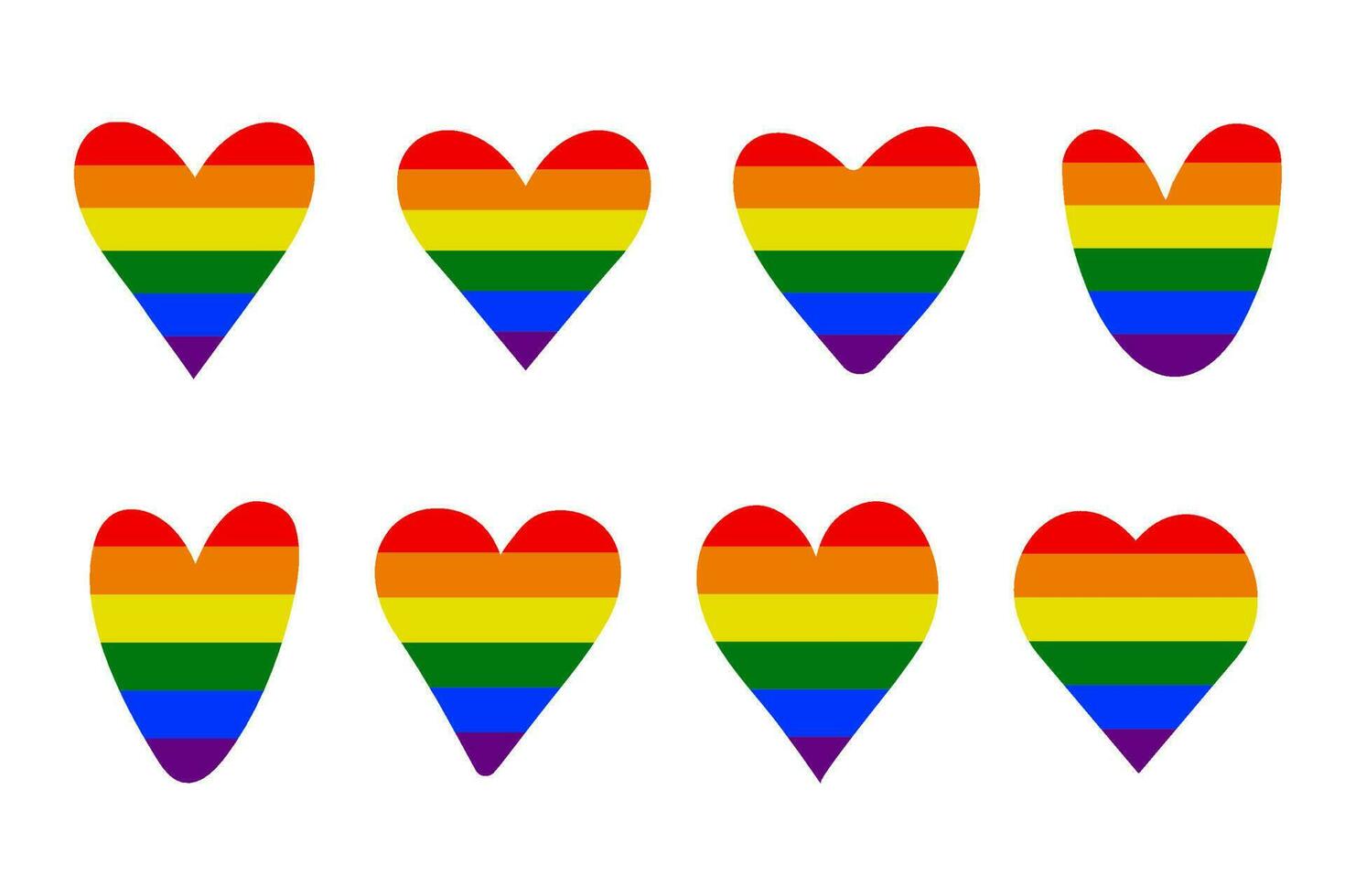 un conjunto de diferente conformado corazones en el color de el lgbt bandera, lesbiana gay bisexual Transgénero concepto amor símbolo. vector