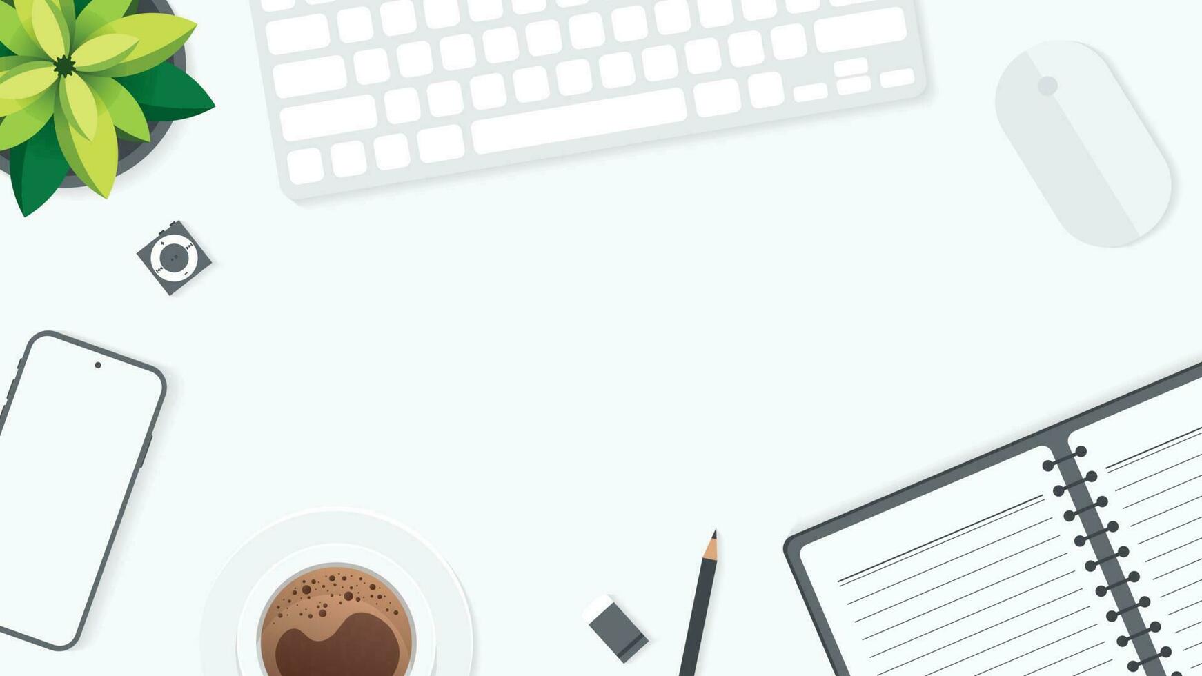 Cover and banner of working desk with gadget. Top view of table working and free space for text with computer, laptop, notebook, coffee cup, phone and paper. vector
