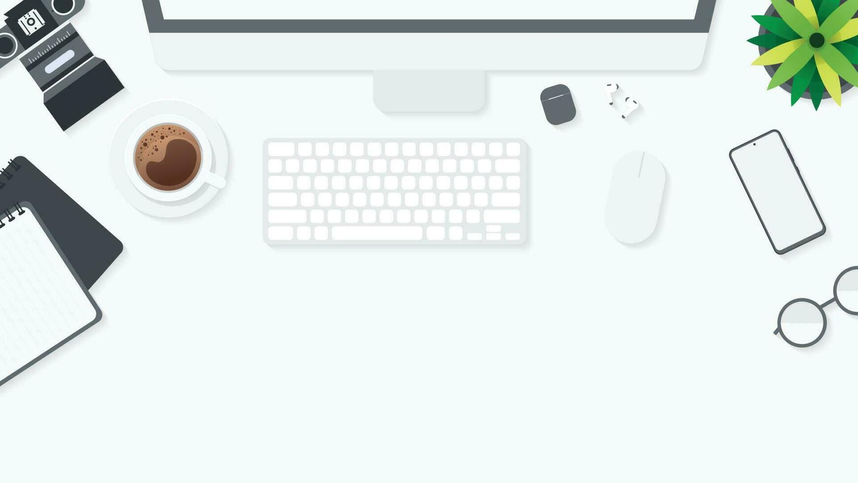 Cover and banner of working desk with gadget. Top view of table working and free space for text with computer, laptop, notebook, coffee cup, phone and paper. vector