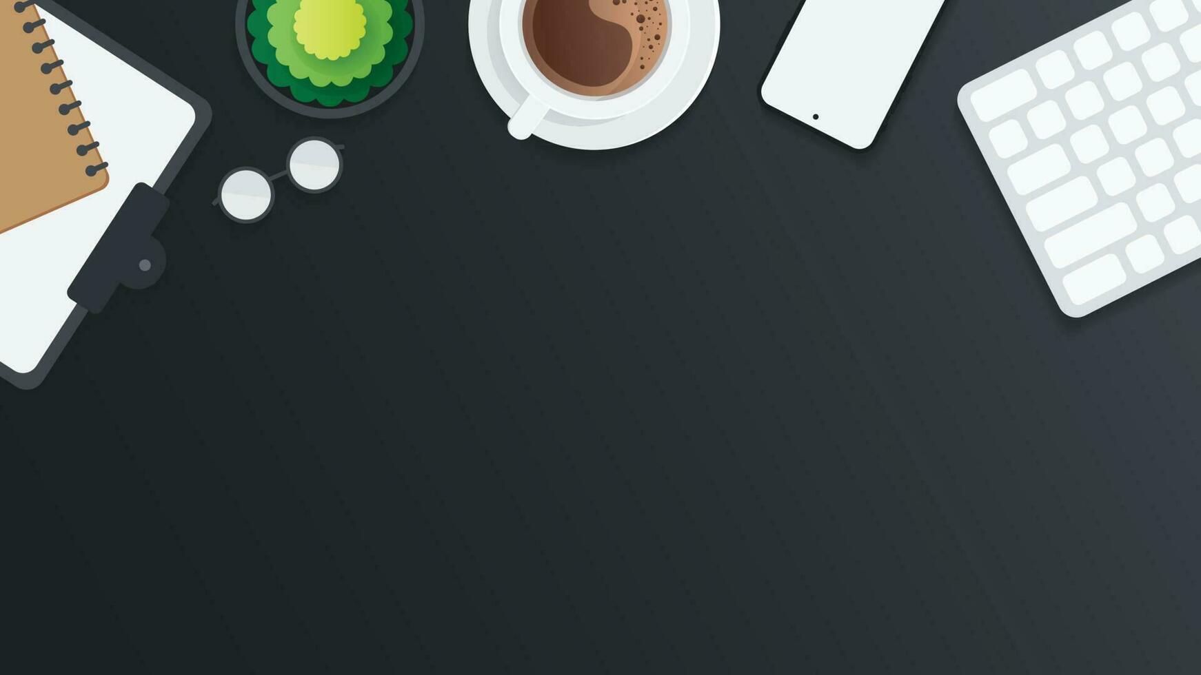 Cover and banner of working desk with gadget. Top view of table working and free space for text with computer, laptop, notebook, coffee cup, phone and paper. vector
