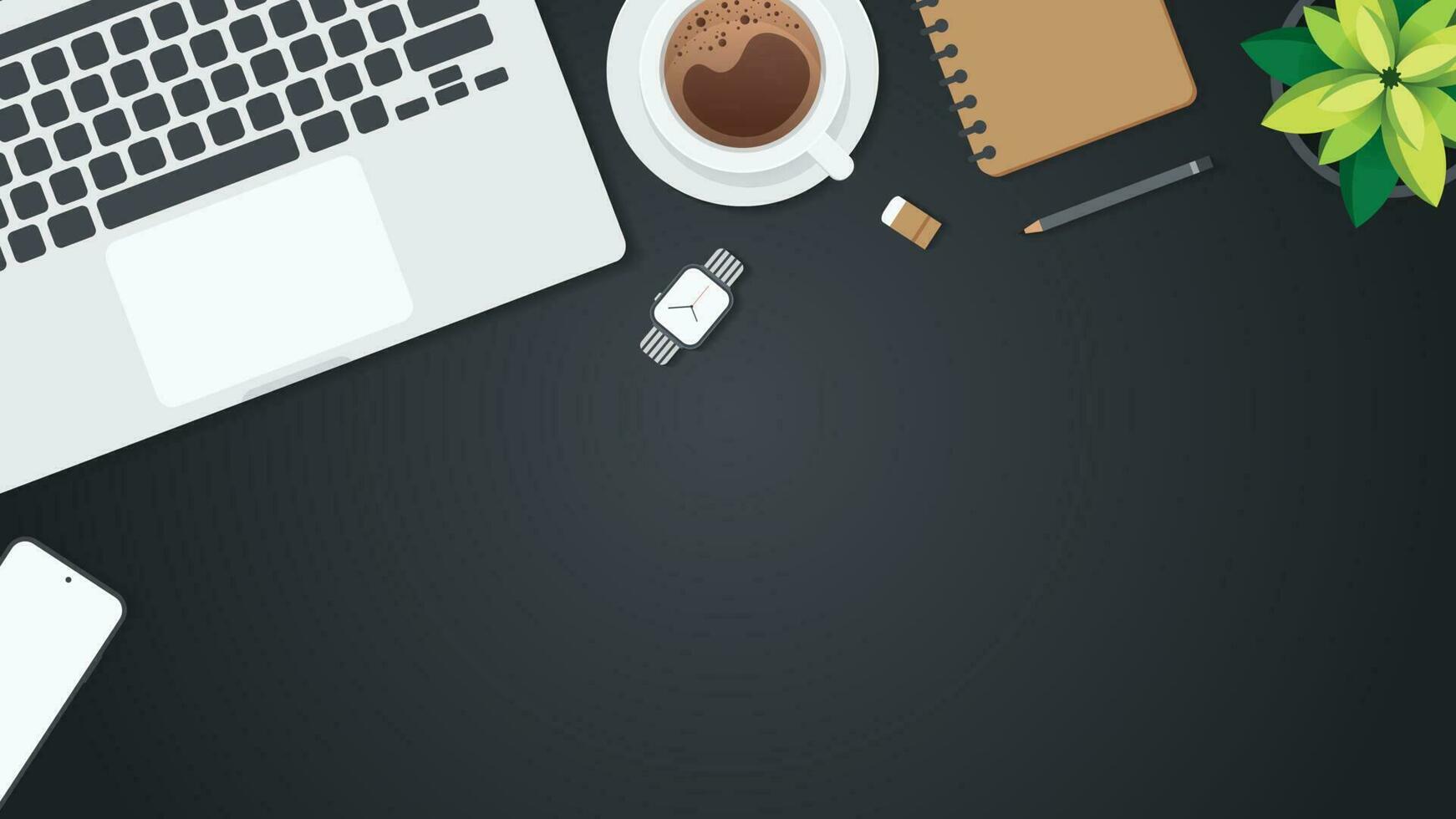 Cover and banner of working desk with gadget. Top view of table working and free space for text with computer, laptop, notebook, coffee cup, phone and paper. vector