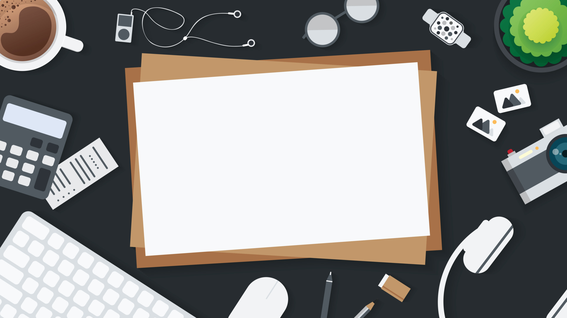 Cover and banner of working desk with gadget. Top view of table working