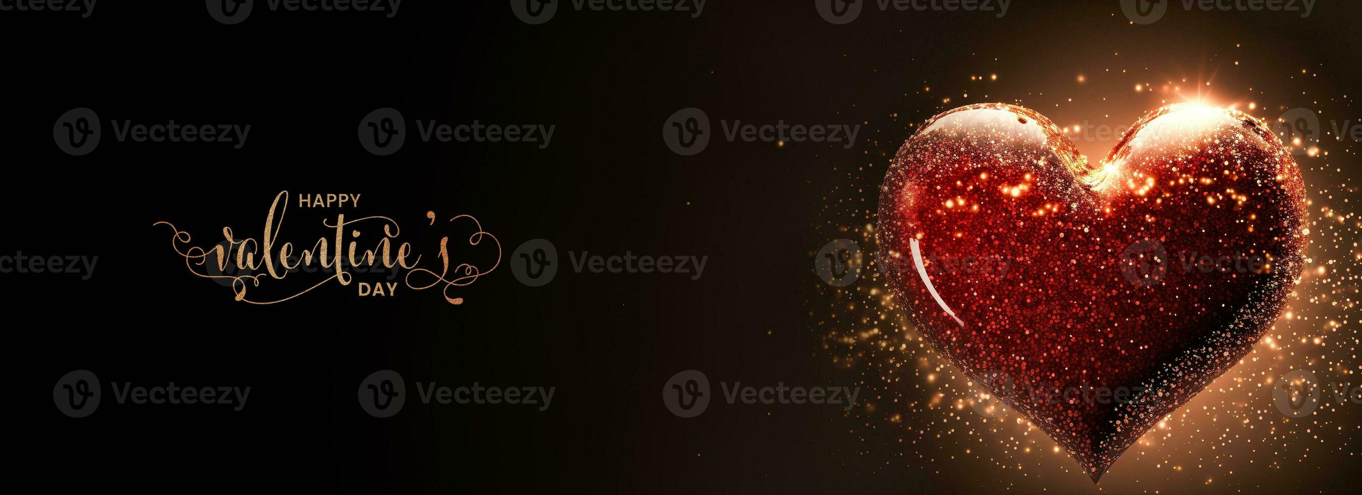 Happy Valentine's Day Text With 3D Render Of Shiny Red Glittery Heart Shape On Golden Light Background. photo