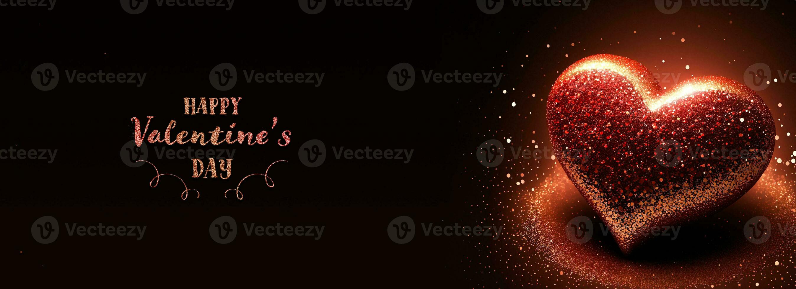 Happy Valentine's Day Text With 3D Render Of Shiny Red Glittery Heart Shape On Sparkle Light Background. photo