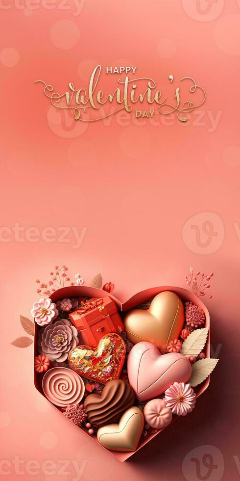 Happy Valentine's Day Text With 3D Render Of Floral Heart Shape Metal Box With Rose Petals. photo
