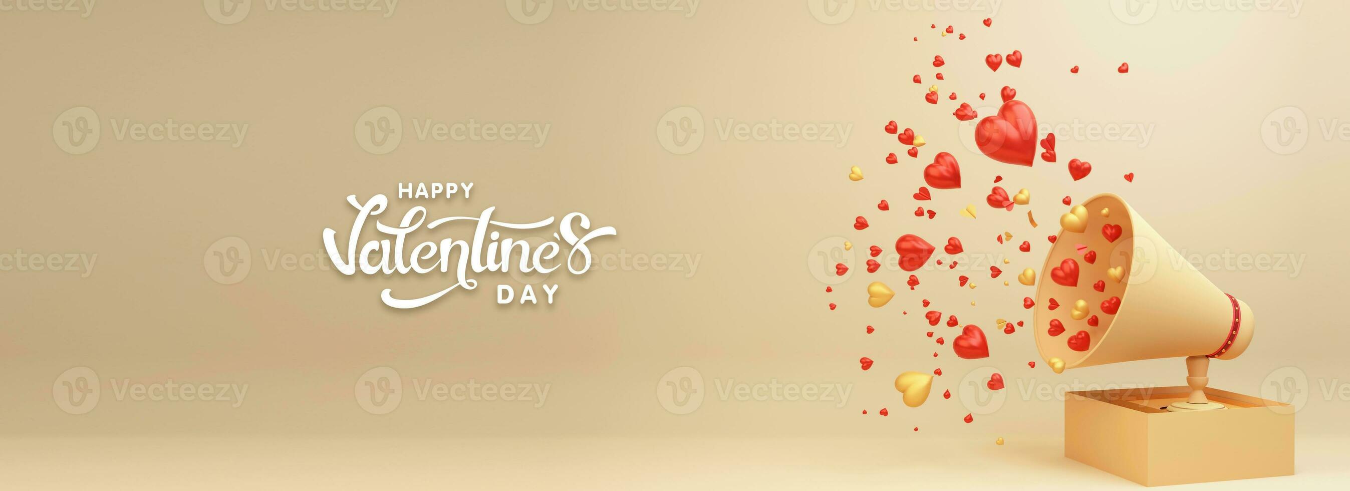 Happy Valentine's Day Header Or Banner Design With 3D Render, Heart Shapes With Gramophone. photo