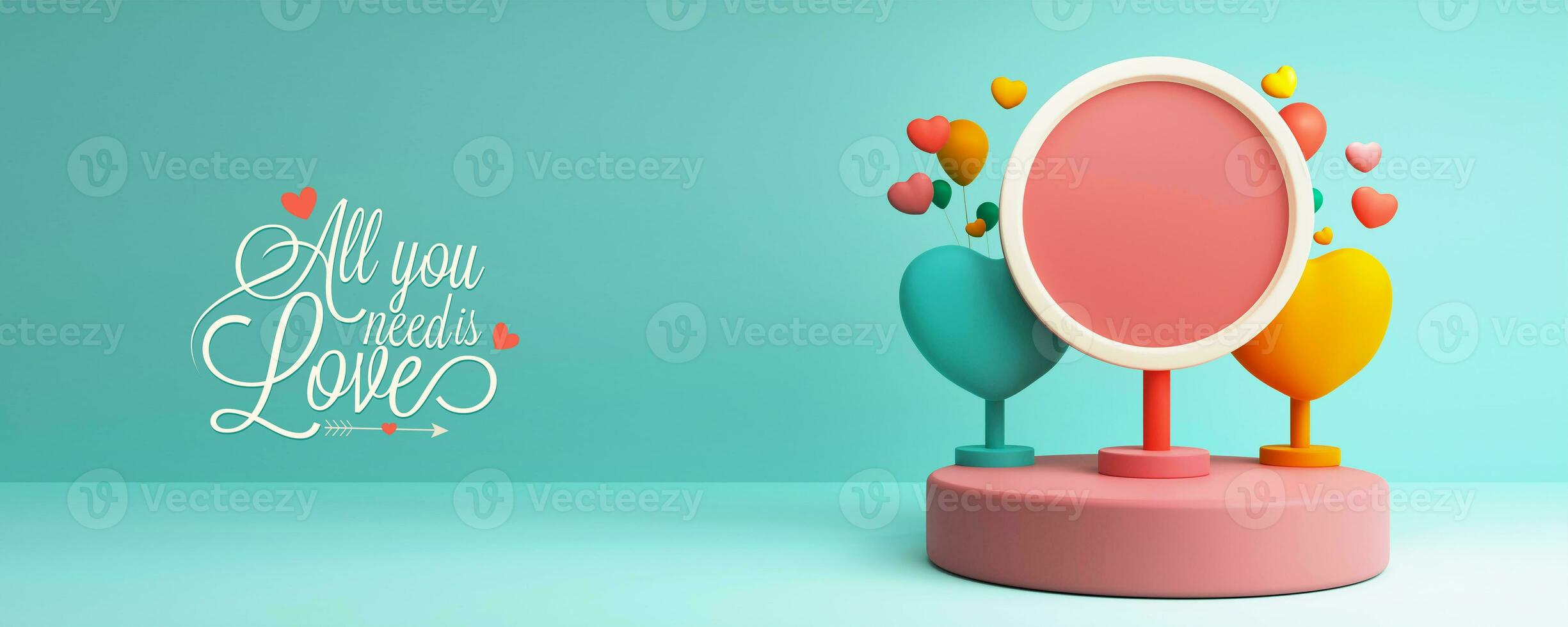 Happy Valentine's Day Concept, 3D Render of Image Placeholder Circular Frame And Heart Shape Stands On Podium. photo