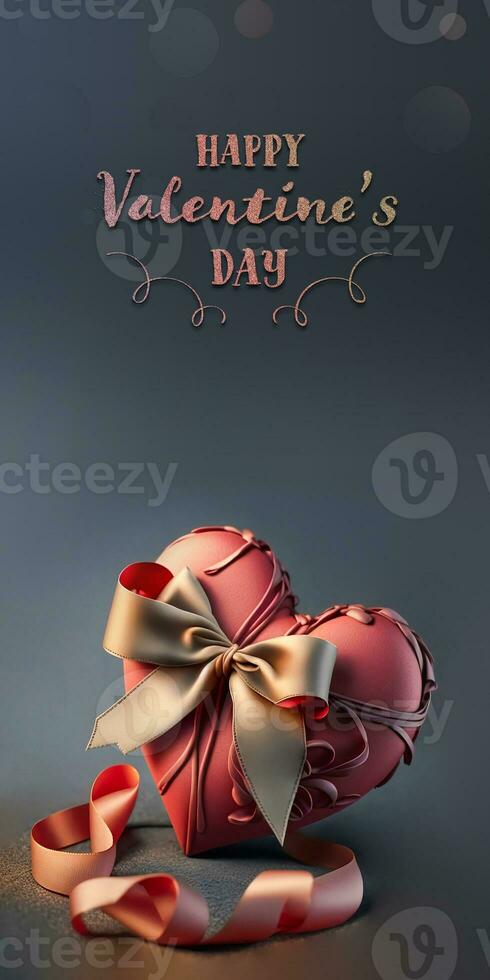 Happy Valentine's Day Text With 3D Render, Matte Red Heart Shape Wrapped With Bronze Bow Silk Ribbon. photo