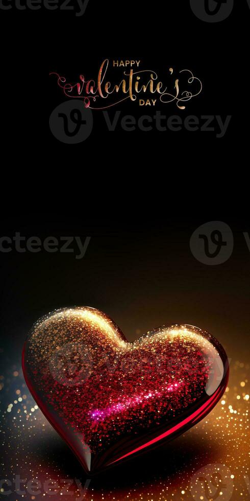 Happy Valentine's Day Text With 3D Render Of Shiny Glittery Heart Shape On Golden Lighting Background. photo