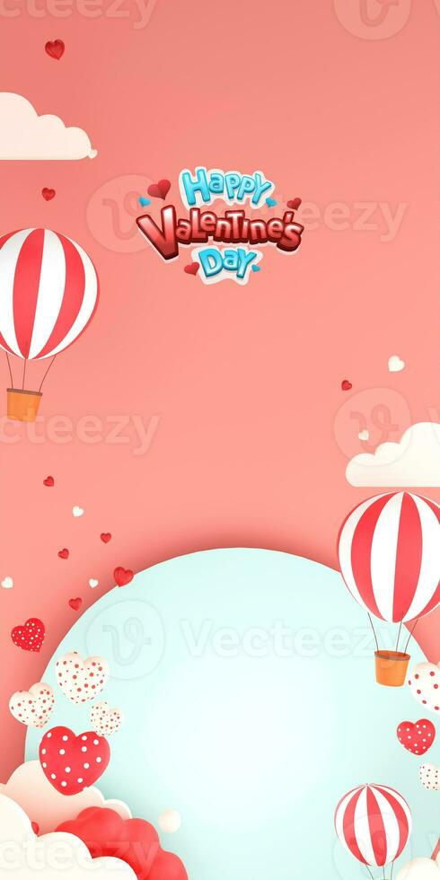 Sticker Style Happy Valentine's Day Text With Hearts Shapes, Hot Air Balloons Against Round Frame and Clouds. Vertical Template, Standee Poster, Banner Design. photo