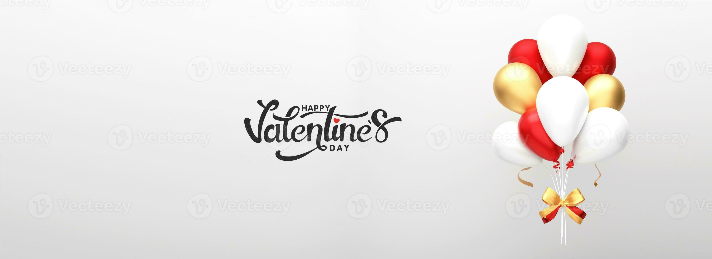 Happy Valentine's Day Font With Glossy Realistic Balloons Tied With Ribbon On Light Gray Background. photo