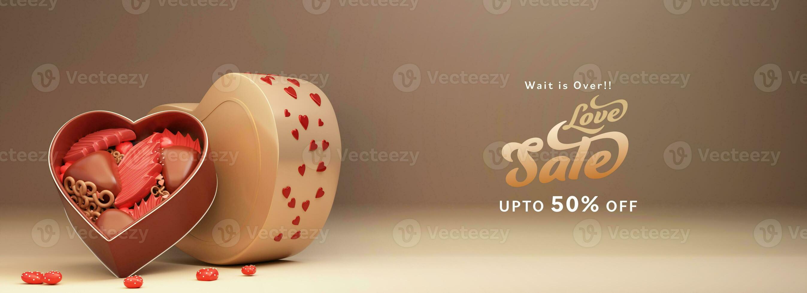 Wait Is Over Love Sale Header Or Banner With Upto Discount Offer And Chocolate Heart Shape Box. photo