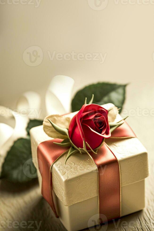 Realistic Gift Box With Red Rose. 3D Render, Love or Happy Valentine's Day Concept. photo