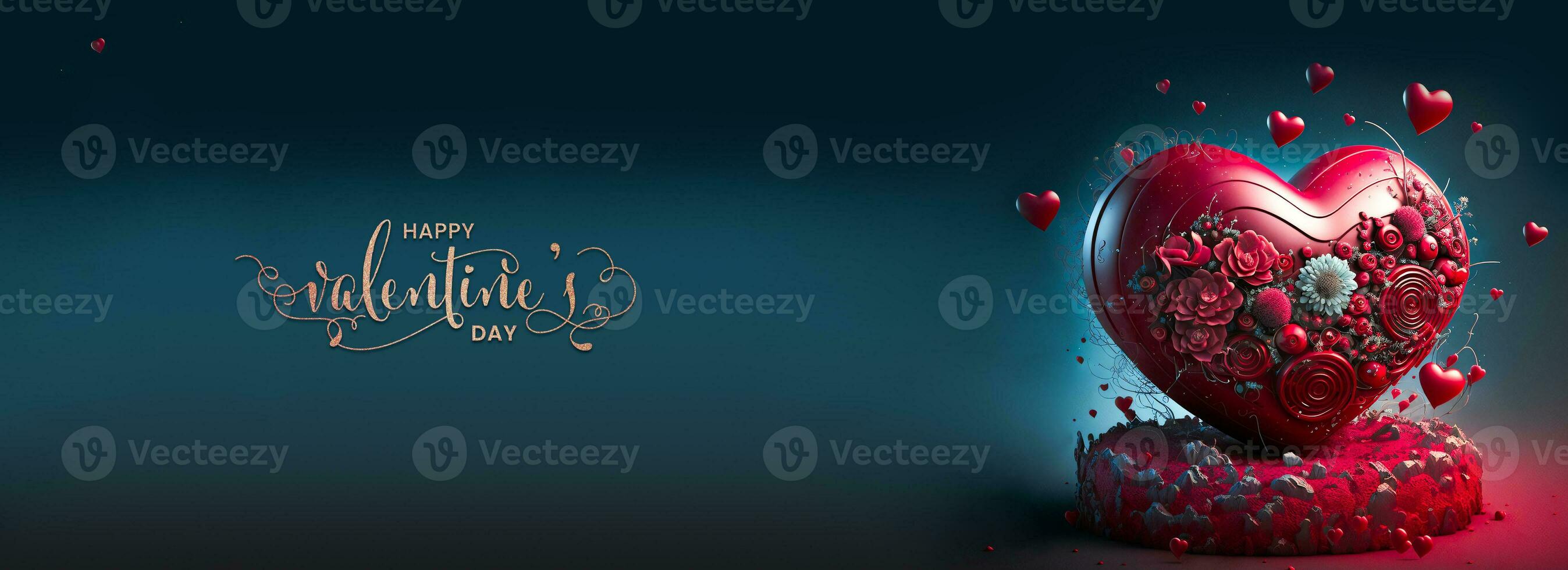 Happy Valentine's Day Text With 3D Render Of Red Heart Shape Decorated With Floral On Podium. photo