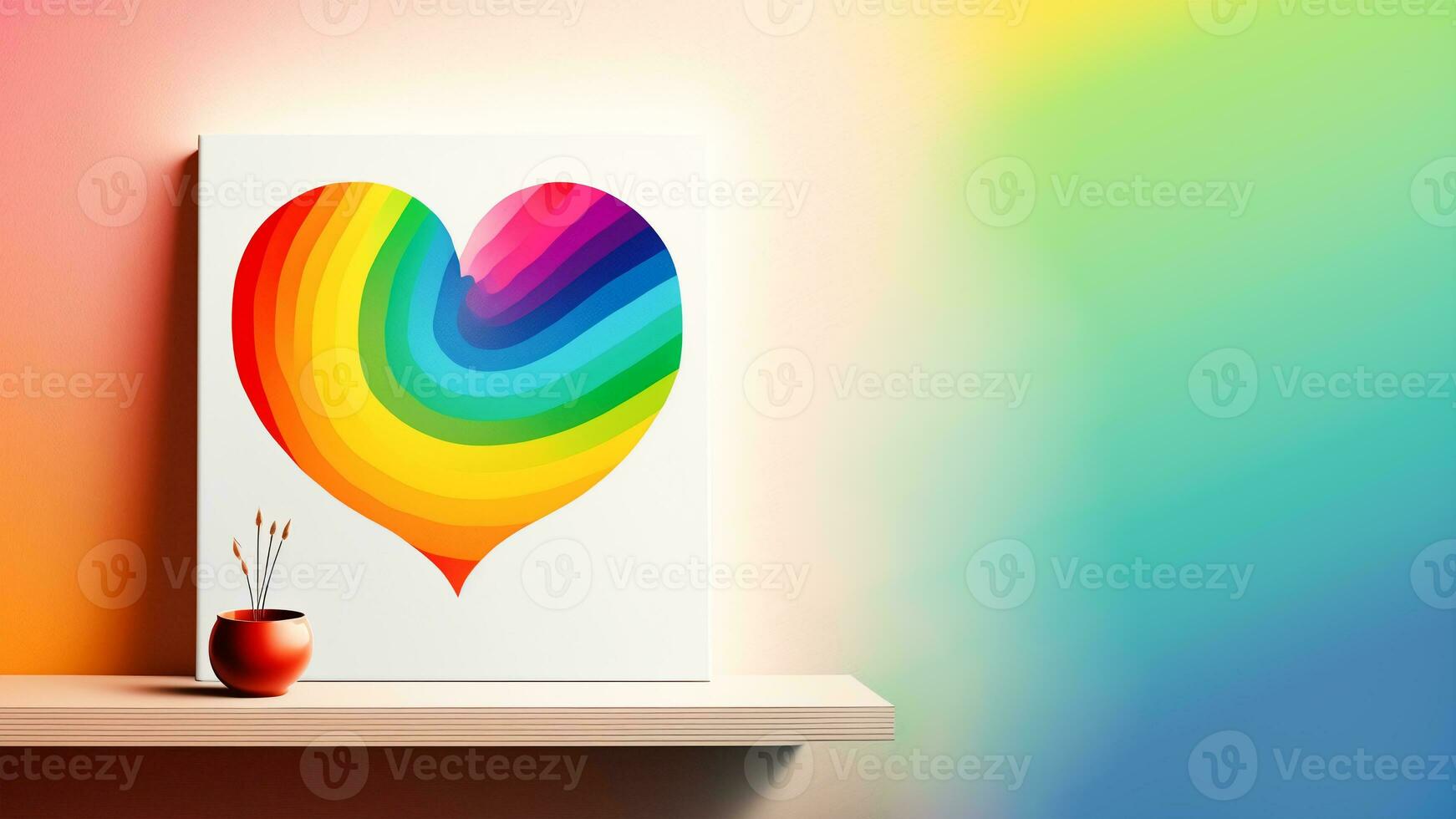 3D Render, Colorful Heart Canvas With Flower Pot On Rainbow Background. Happy Valentine's Day Concept. photo