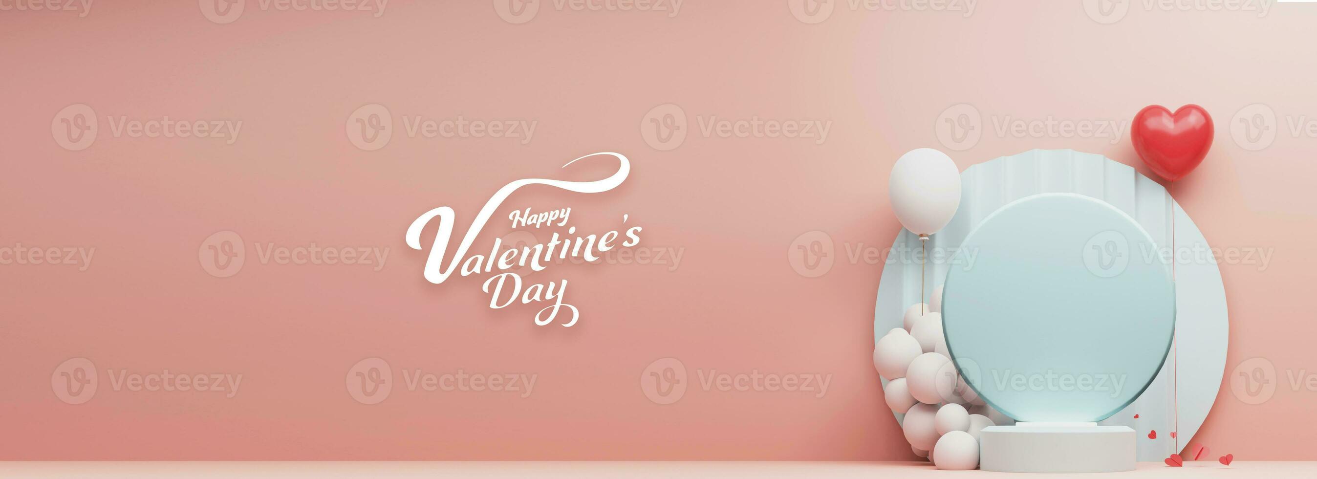 Happy Valentines Day Font With Circular Frame On Podium Space For Product Image And Realistic Balloons. photo