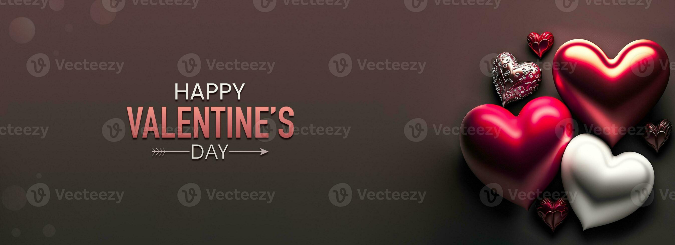 Happy Valentines Day Text With Glossy Colourful Hearts Shapes On Charcoal Background. 3D Render. photo