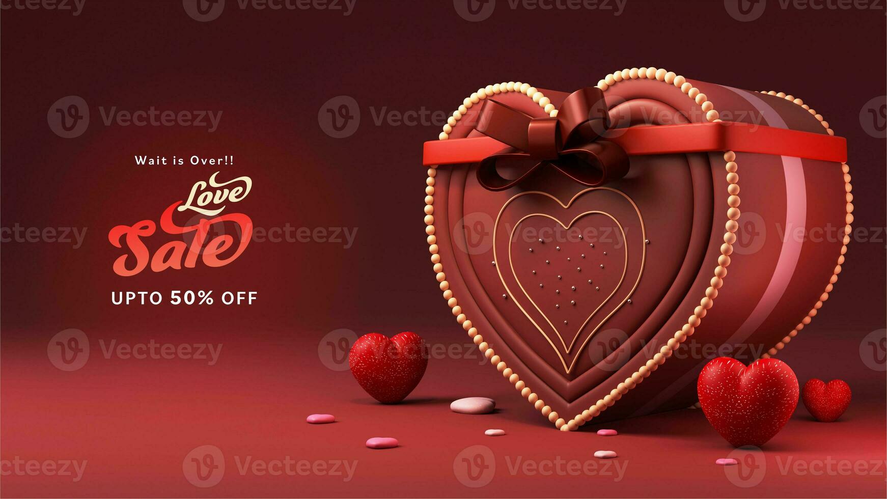 Love Sale Banner Design With Heart Shapes, Gift Box In 3D Render. photo